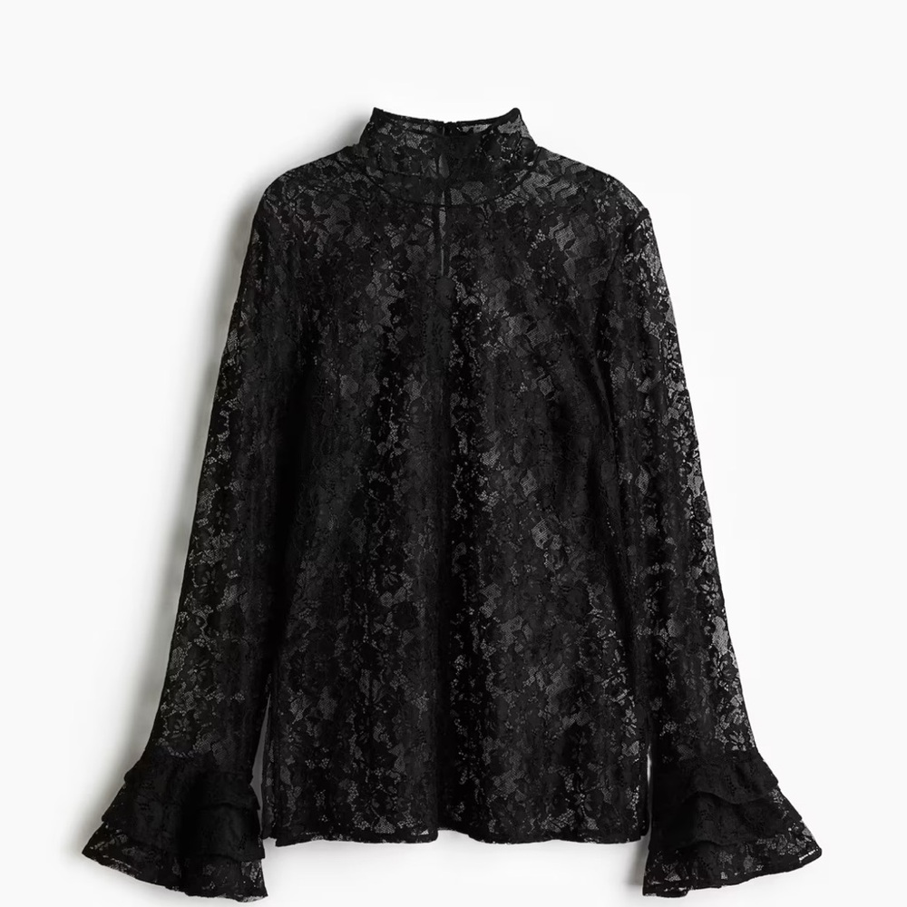 H&M Black Lace High-Neck Long-Sleeve Top with Flared Cuffs